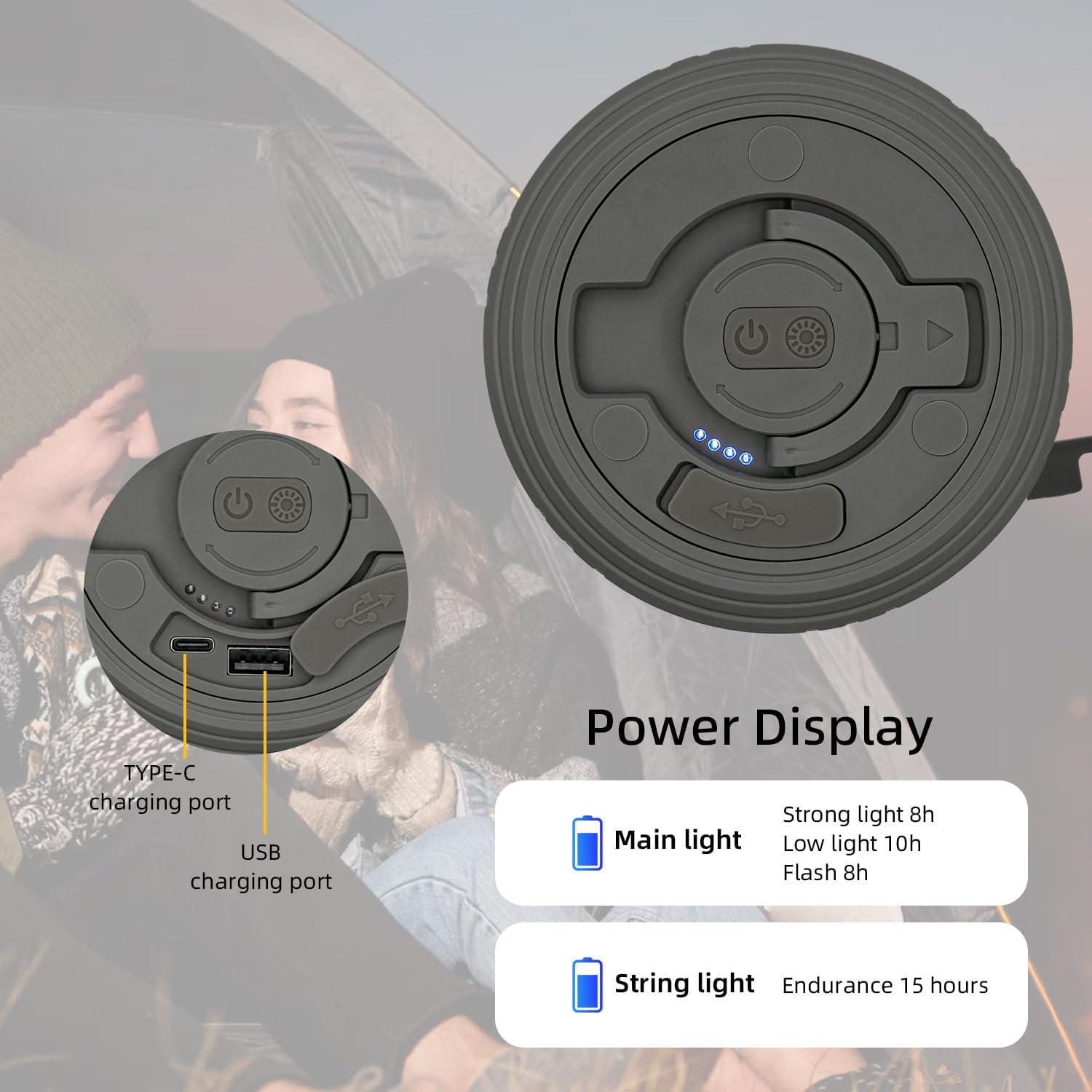 Black portable light with charging ports and power display on a blurred background