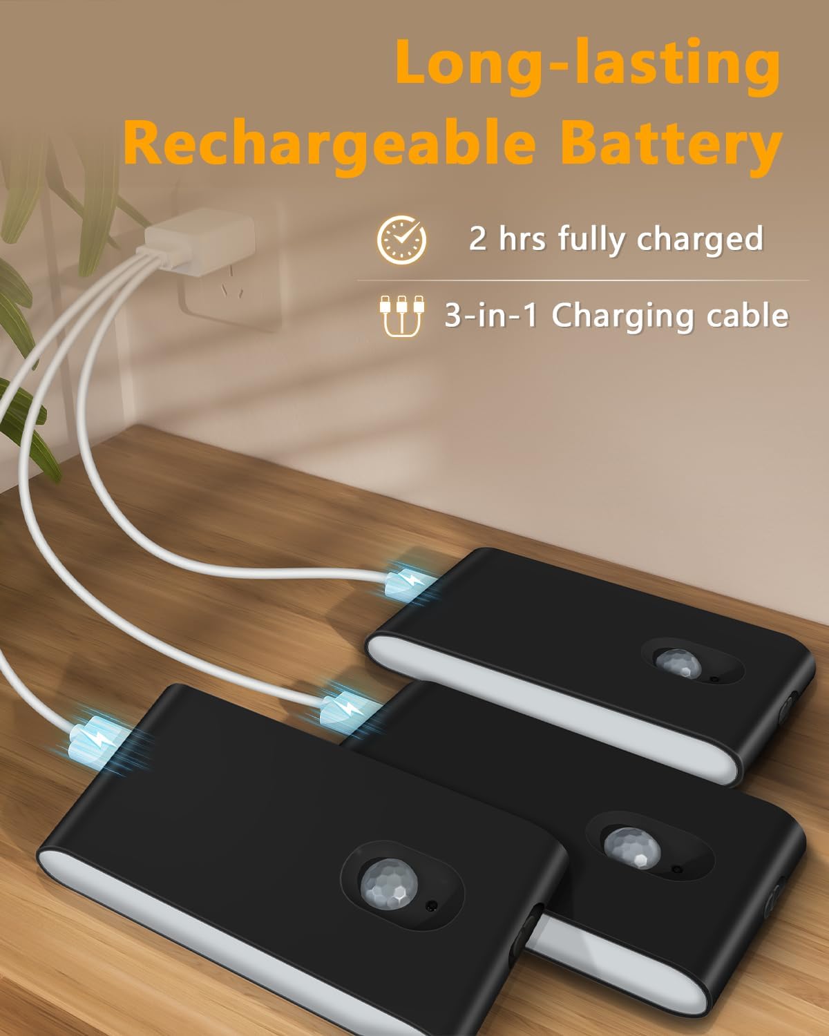 Black portable power banks with charging cables on a wooden surface, featuring text about battery life and charging capabilities.