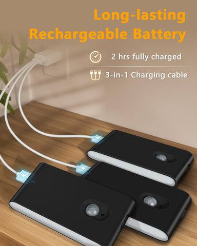 Black portable power banks with charging cables on a wooden surface, featuring text about battery life and charging capabilities.