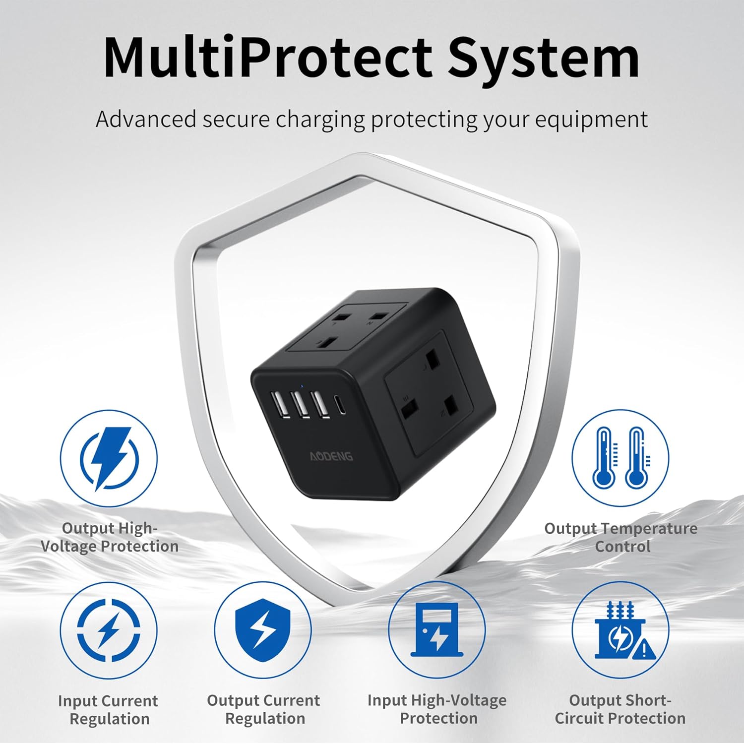 Black power adapter with 'MultiProtect System' features on a white background