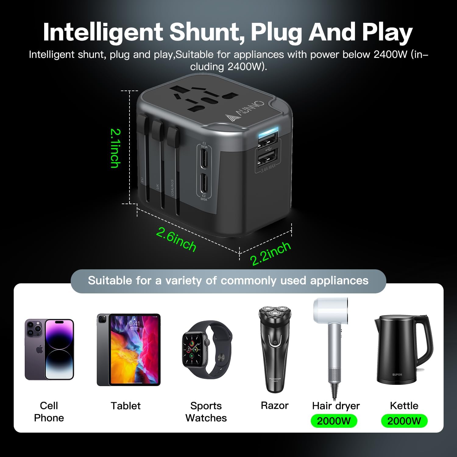 Black power adapter with USB ports and dimensions, suitable for various appliances.
