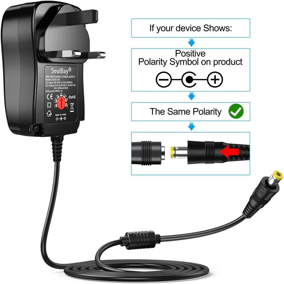 Black power adapter with cable on a white background, showing polarity symbols.