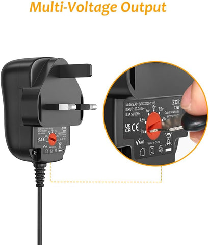 Black power adapter with multi-voltage output feature on a white background