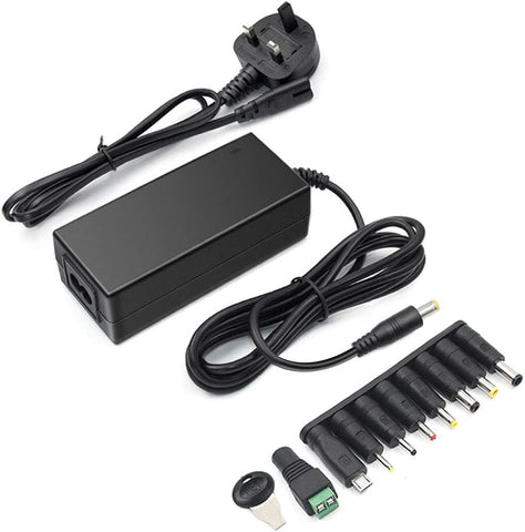 Black power adapter with multiple connectors on a white background