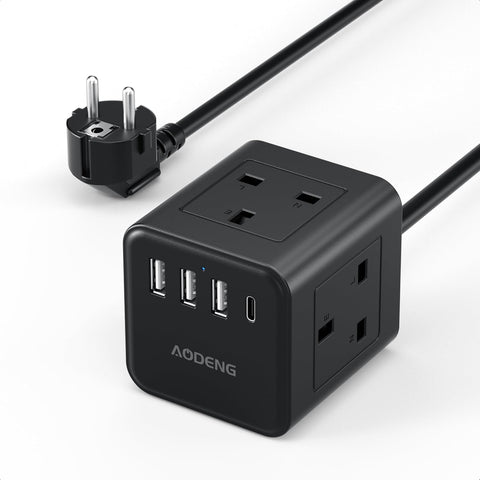 Black power adapter with multiple outlets and USB ports on a white background