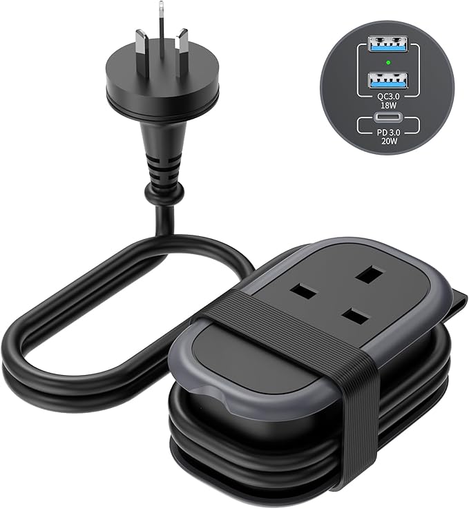 Black power adapter with plug and USB-C charging port on a white background