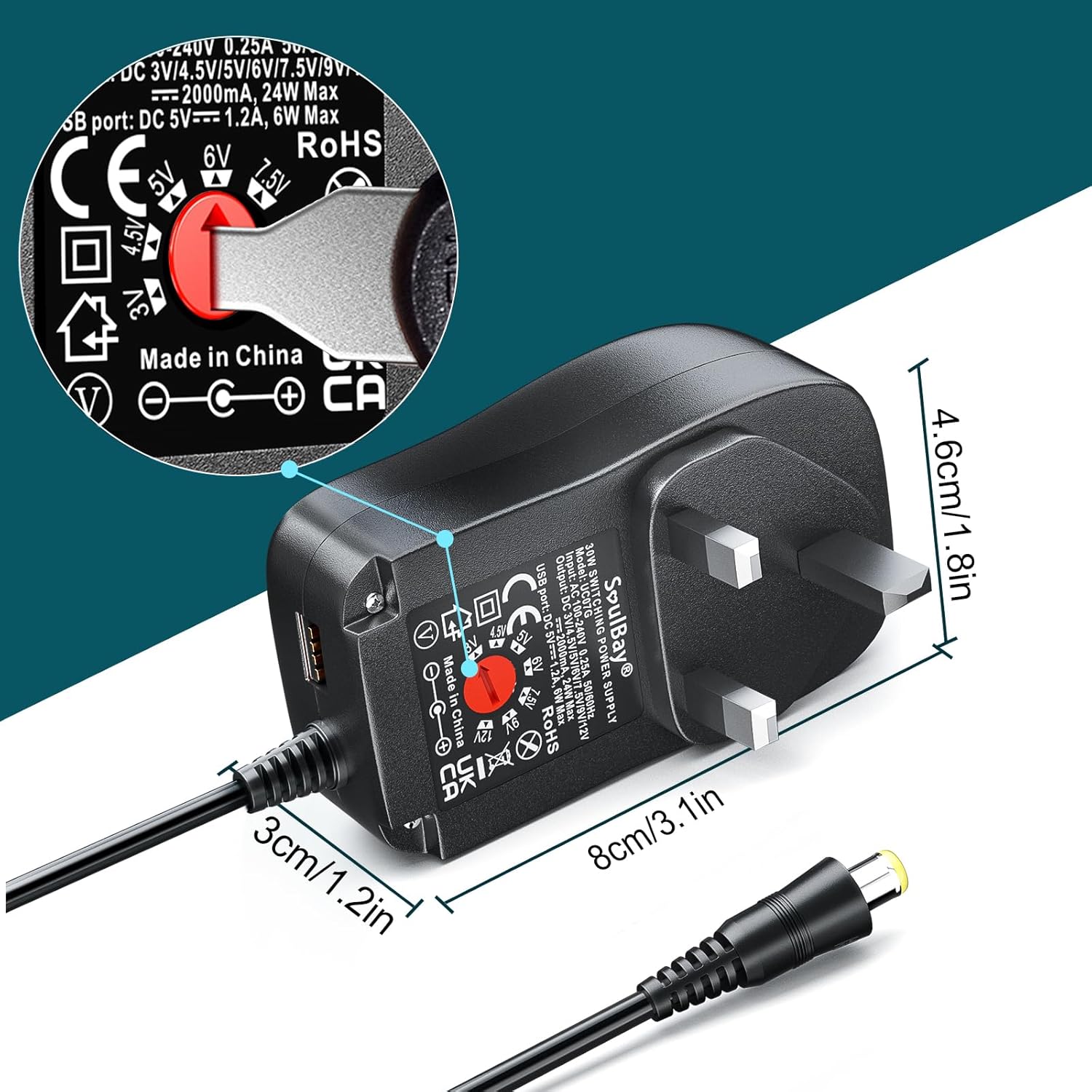 Black power adapter with plug and cable, showing dimensions and certification logos on a white and green background.