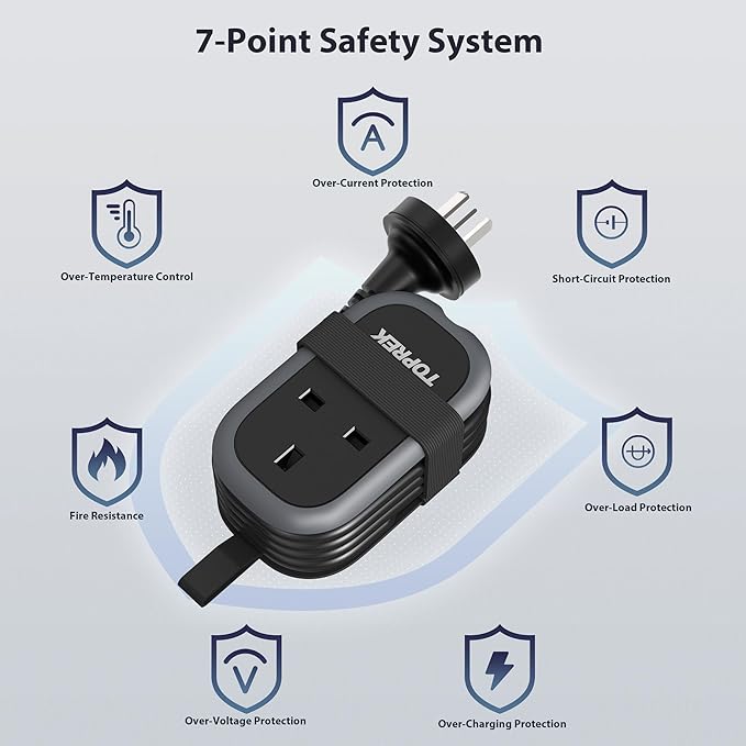 Black power adapter with safety features on a light gray background