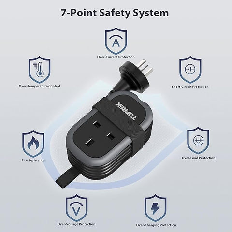 Black power adapter with safety features on a light gray background