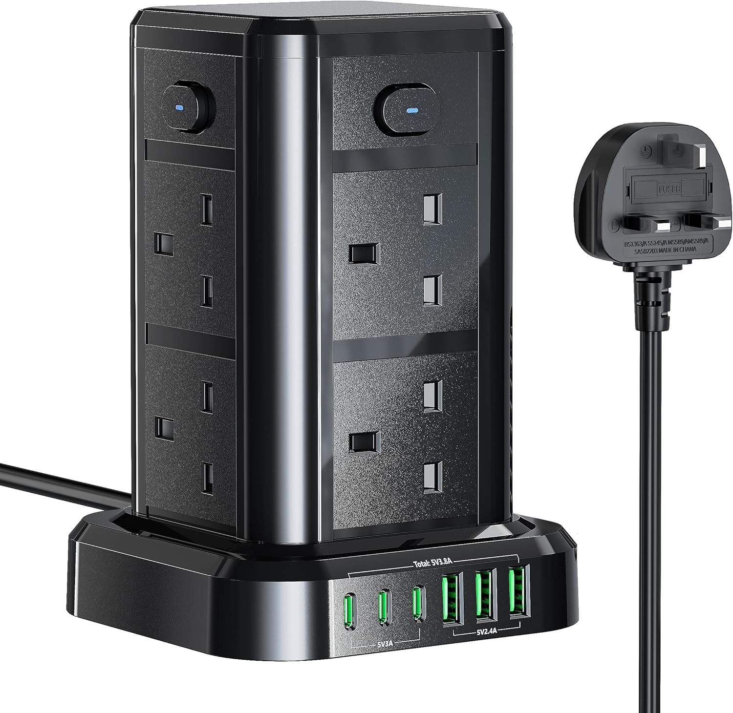 Black power strip with multiple outlets and USB ports on a white background