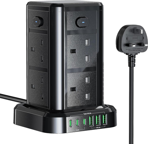 Black power strip with multiple outlets and USB ports on a white background