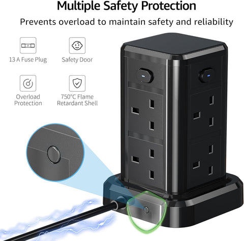 Black power strip with safety features on a white background