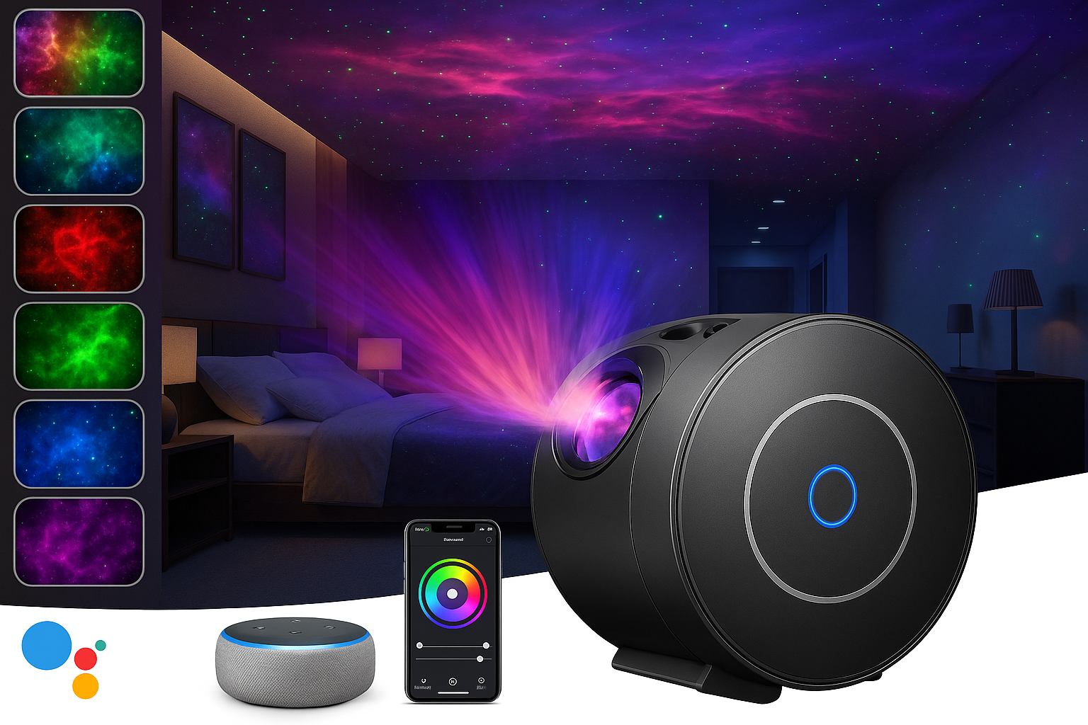 Black projector displaying colorful projections in a bedroom setting with smartphone control.