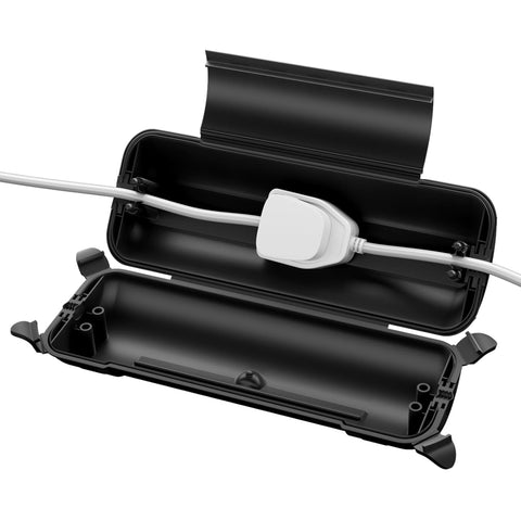 Black protective case with a white cable and plug on a white background
