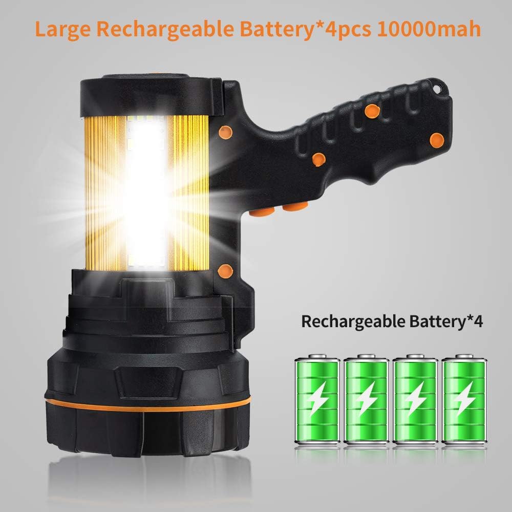 Black rechargeable lantern with four green batteries on a gray background