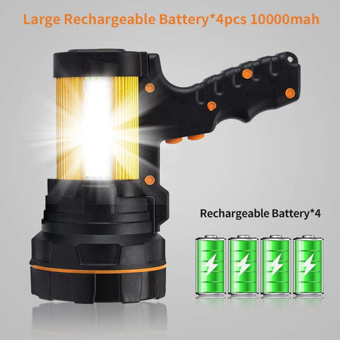 Black rechargeable lantern with four green batteries on a gray background