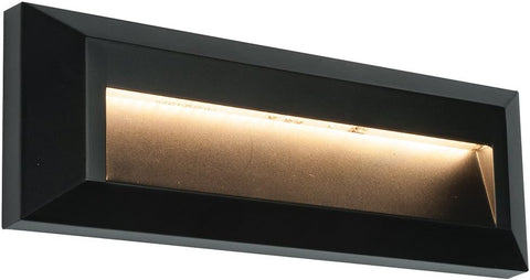 Black rectangular outdoor light fixture with a warm glow on a white background