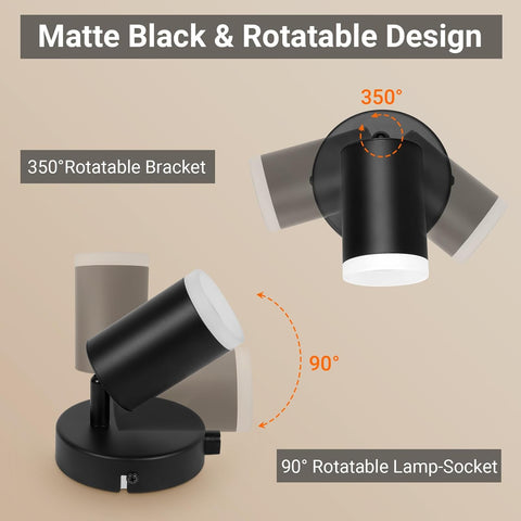 Black rotatable light fixture with labeled features on a beige background