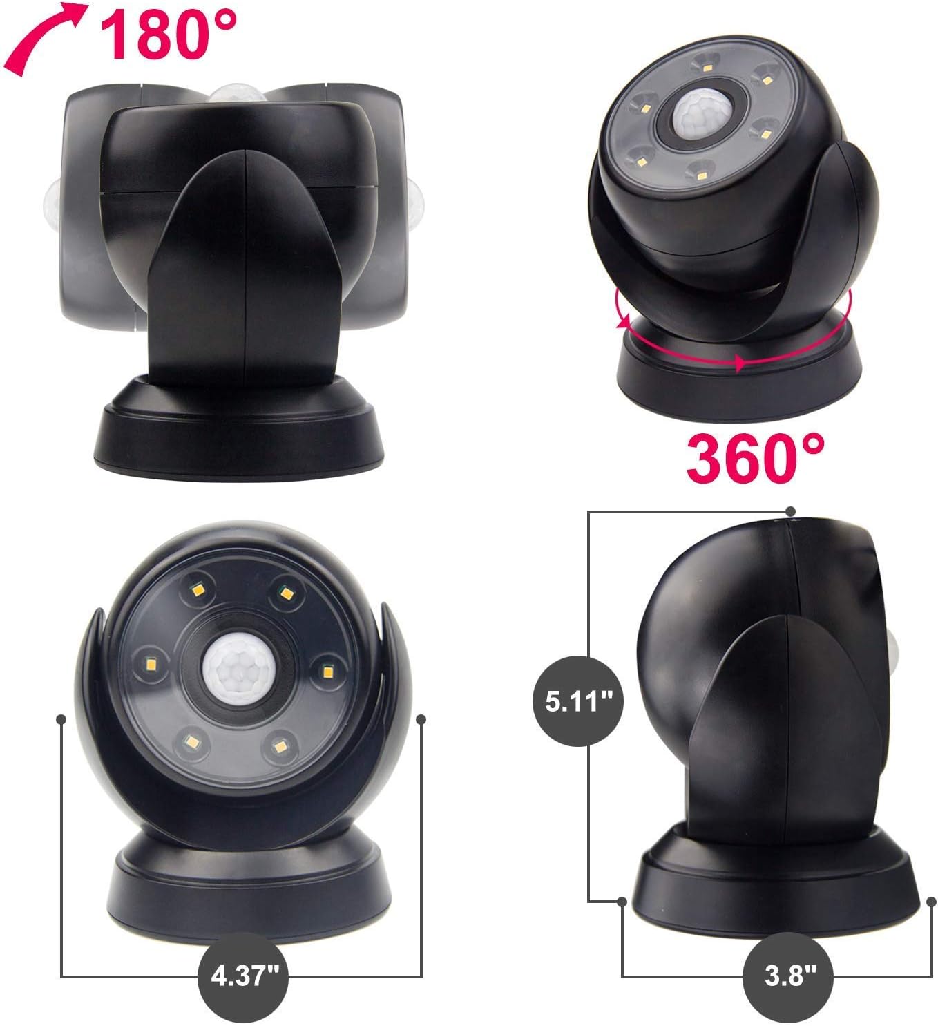 Black security camera with motion sensor and 360-degree rotation feature on a white background