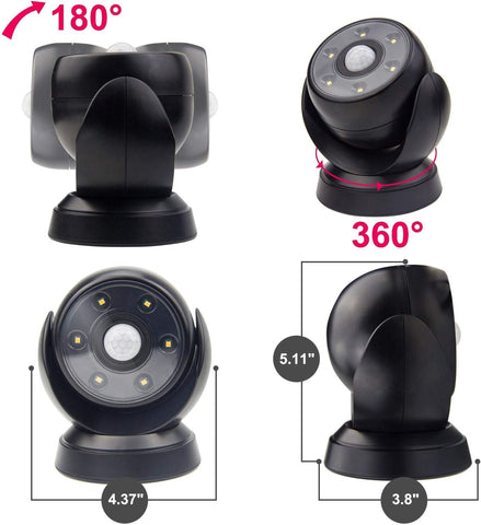 Black security camera with motion sensor and 360-degree rotation feature on a white background