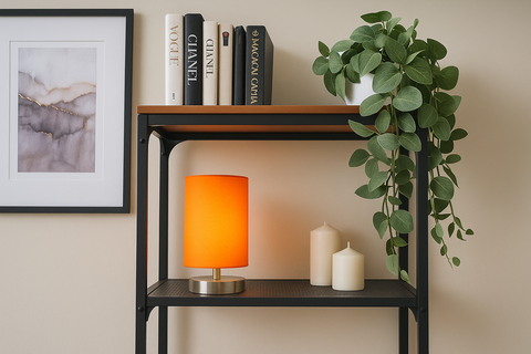 Black shelf with books, a lamp, candles, and a plant against a beige wall.