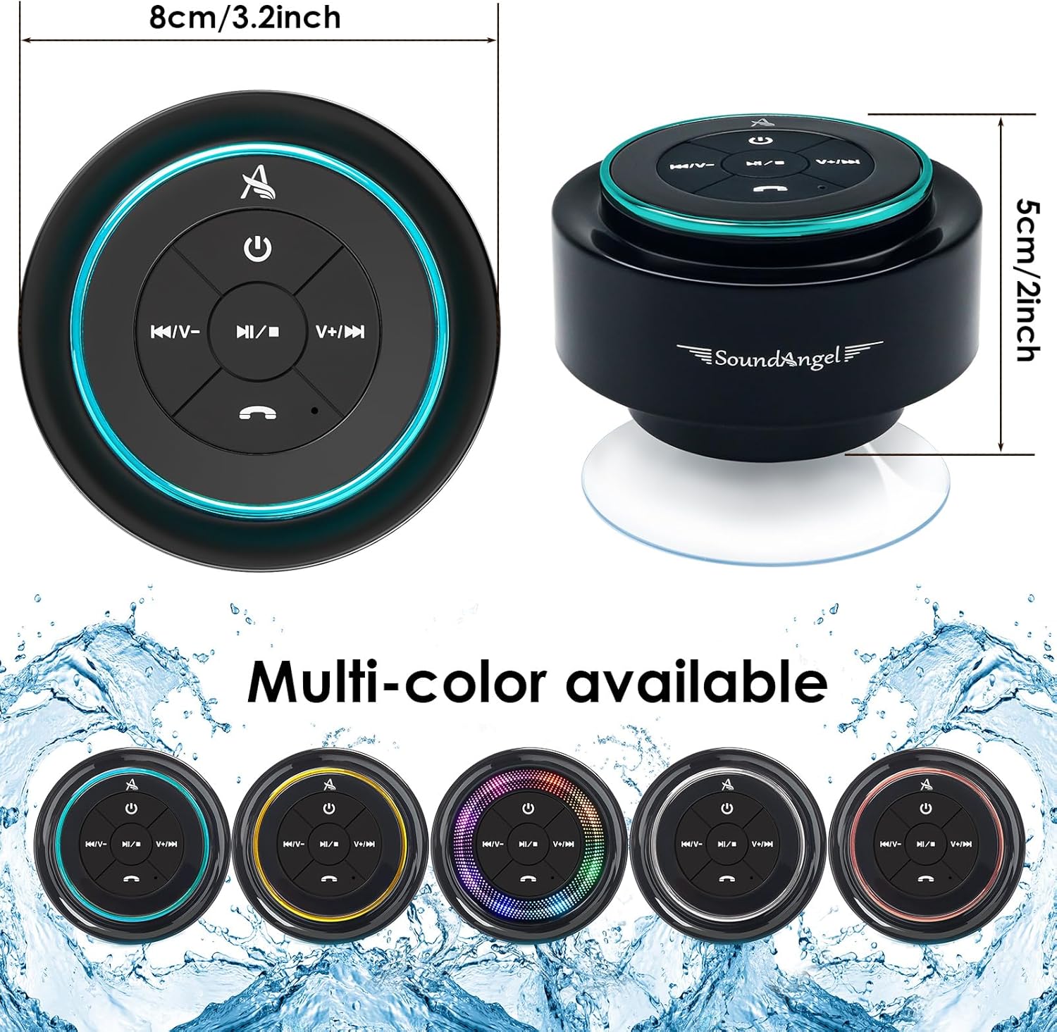 Black shower speaker with control buttons, dimensions, and color options on a water-themed background.