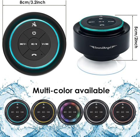 Black shower speaker with control buttons, dimensions, and color options on a water-themed background.