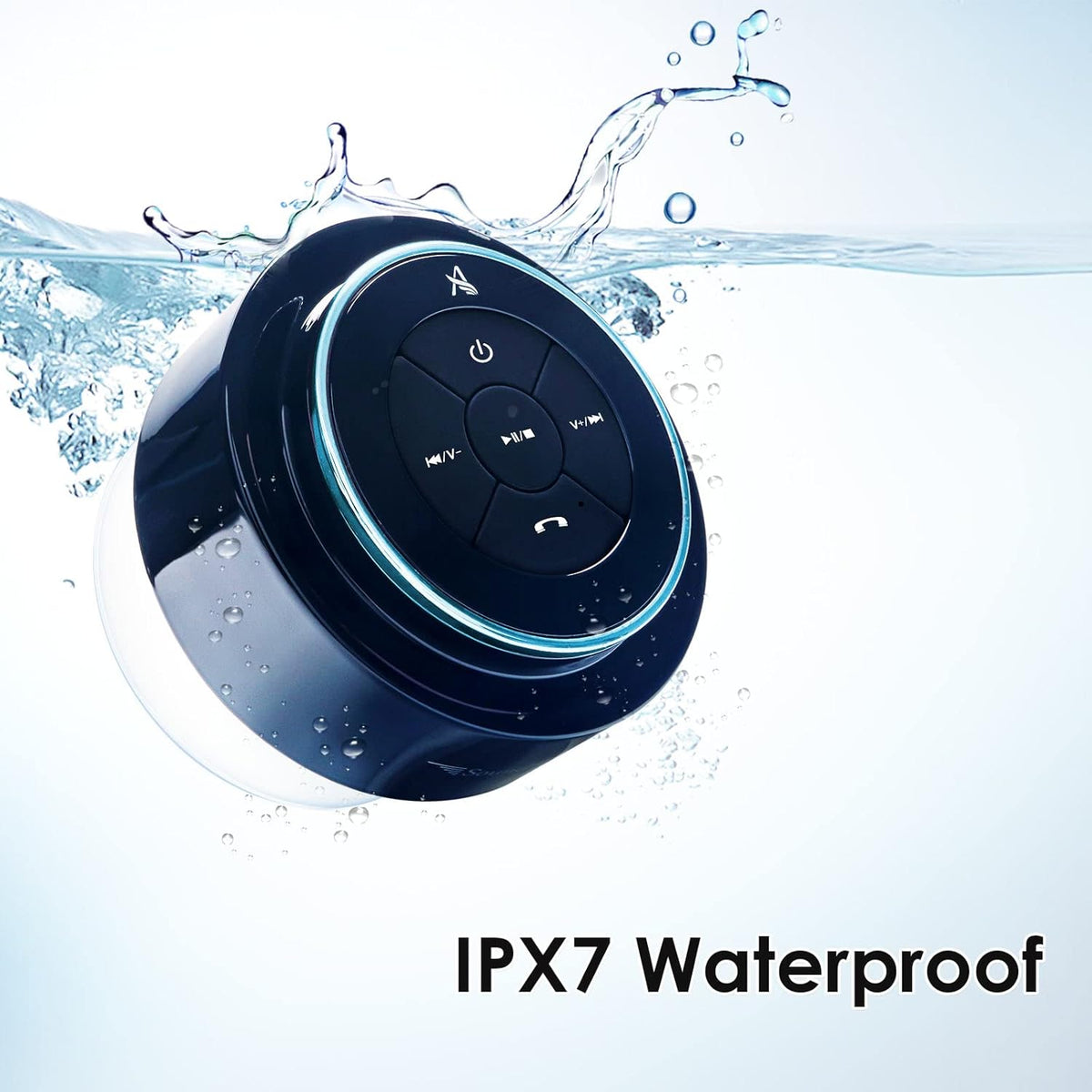 Black shower speaker with water droplets and 'IPX7 Waterproof' text on a light blue background