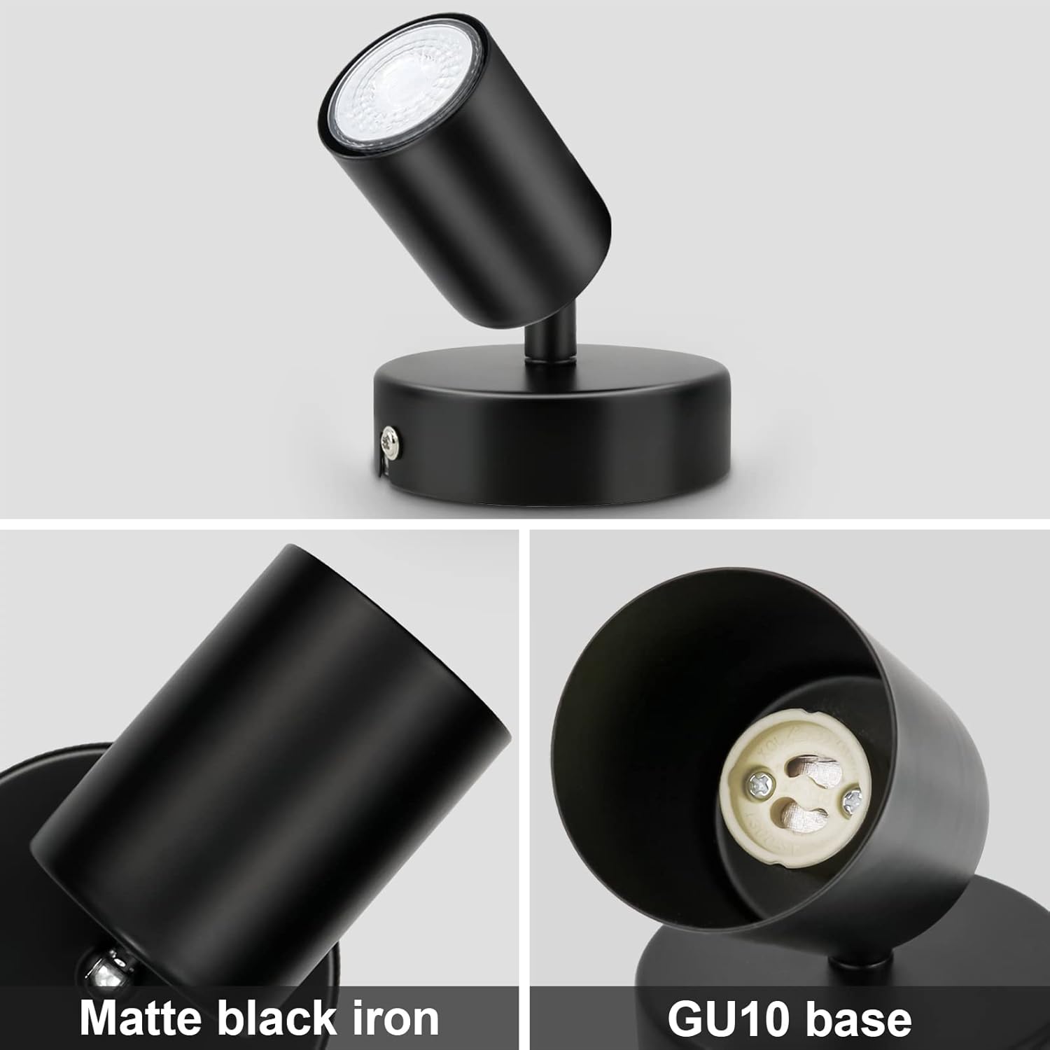 Black spotlight with GU10 base on a gray background