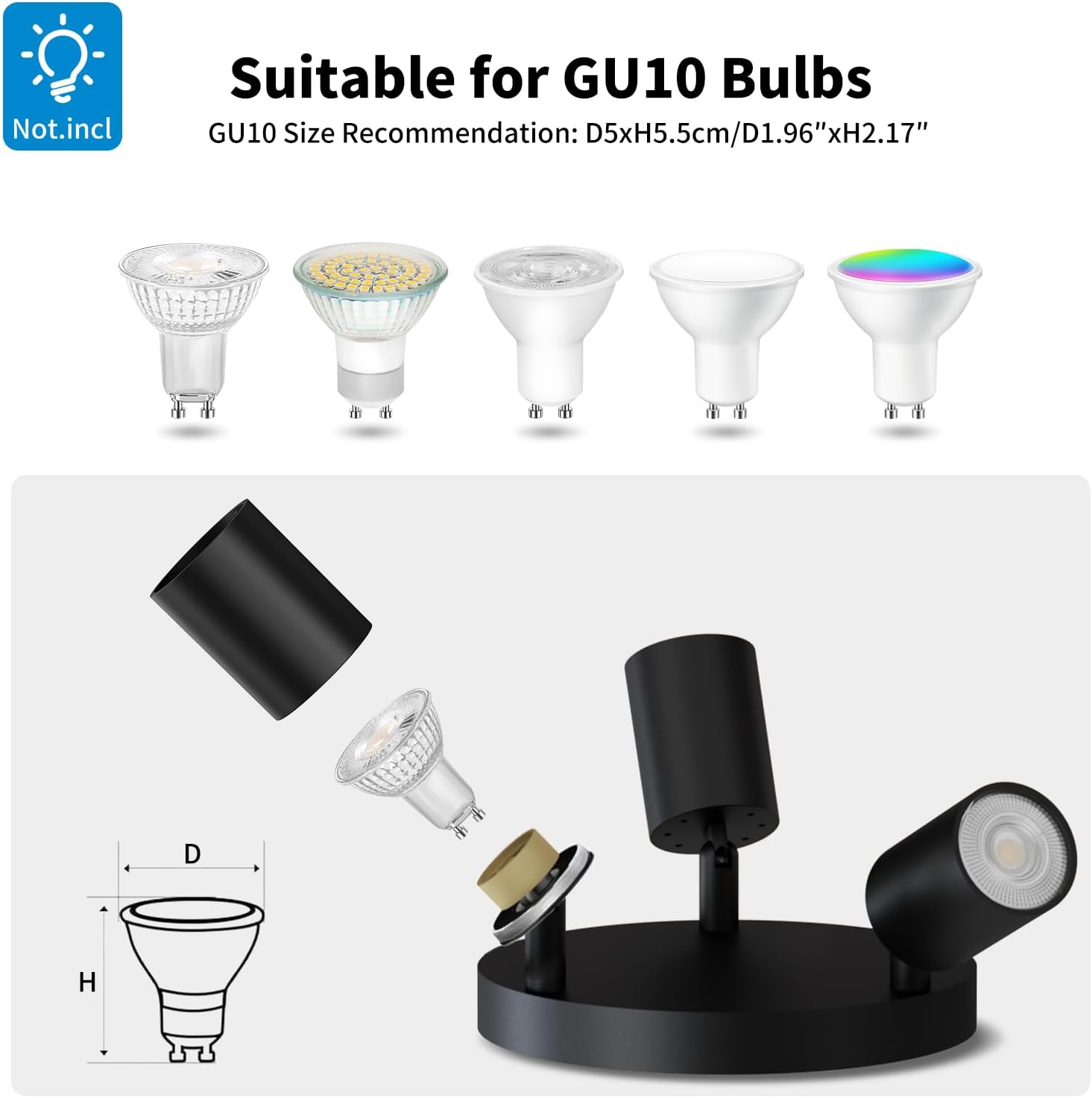 Black spotlight with GU10 bulb adapter and compatibility information on a white background