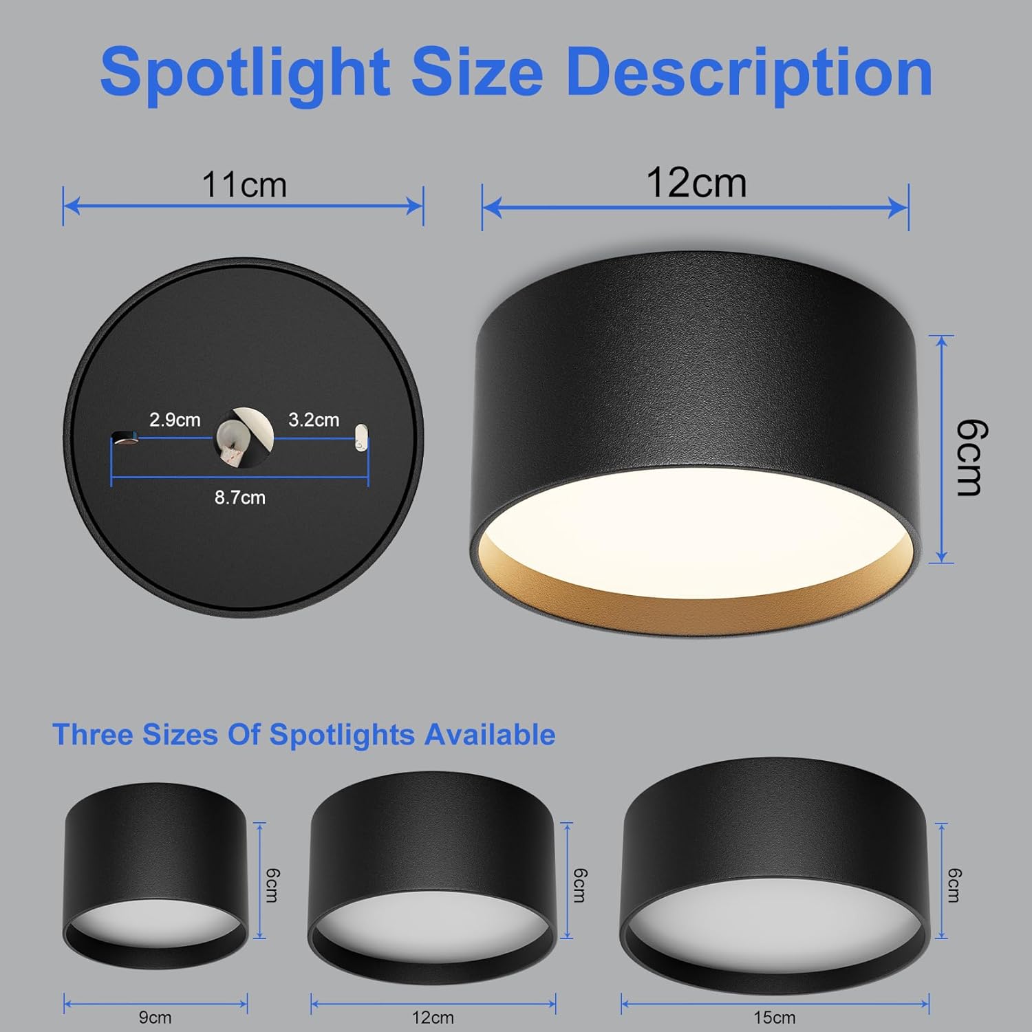 Black spotlight with measurements on a gray background