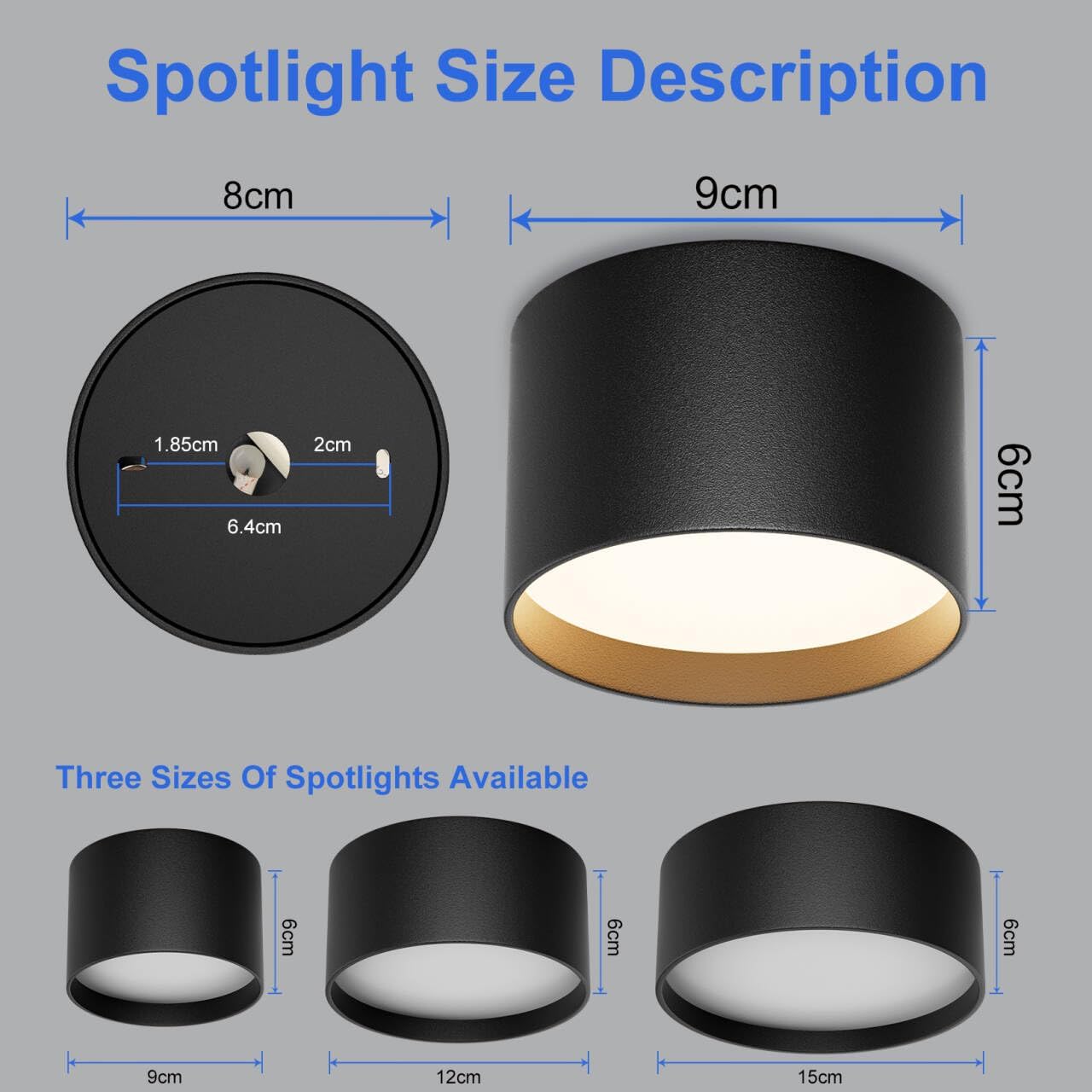 Black spotlight with measurements on a gray background