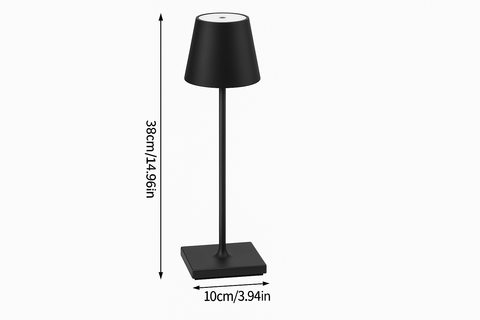 Black table lamp with measurements on a white background