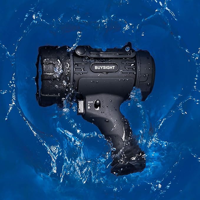 Black thermal imaging camera with 'BUYSIGHT' branding submerged in water.