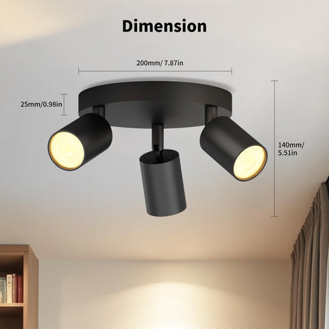 Black three-light ceiling fixture with dimensions indicated on a ceiling.