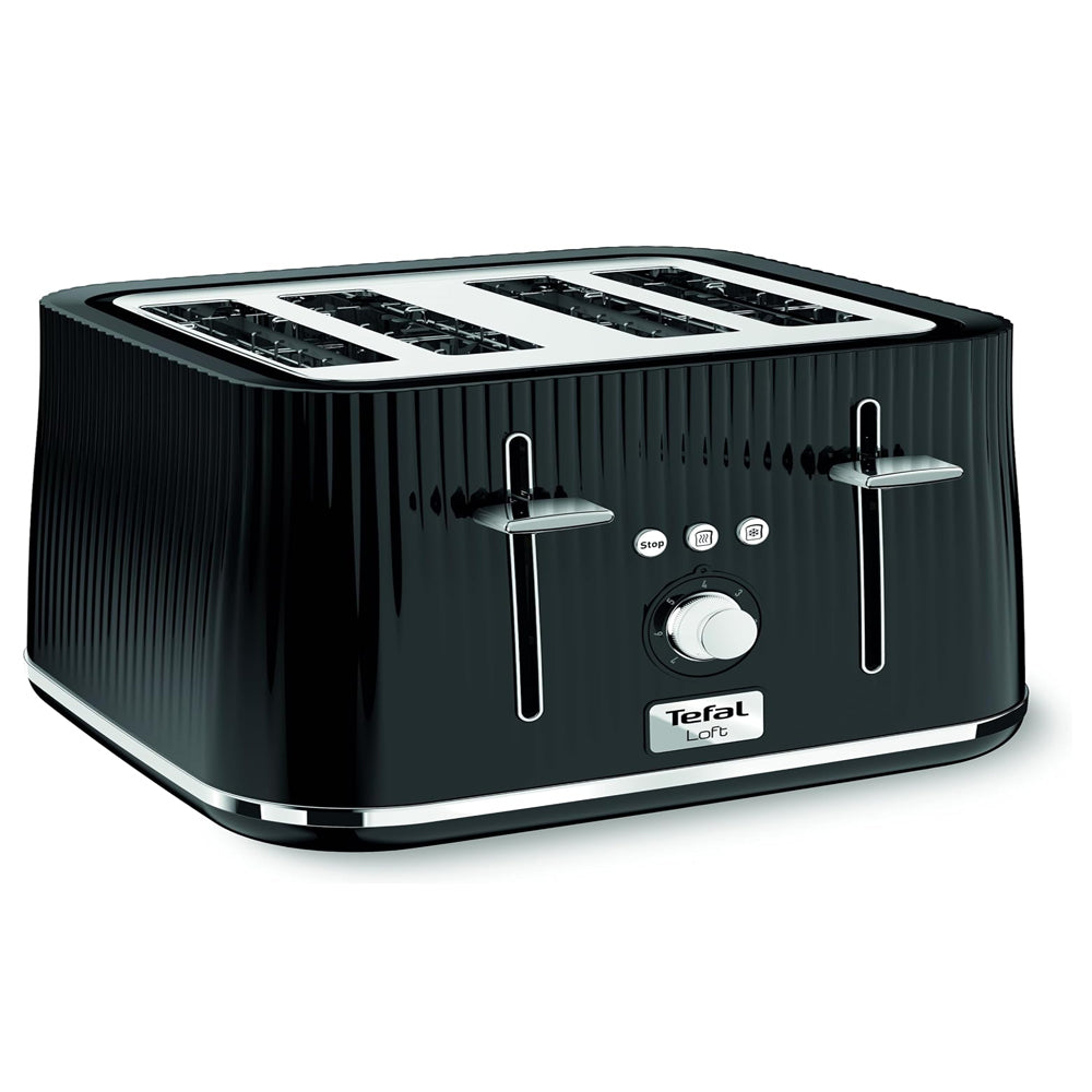 Black toaster with Tefal logo on a white background