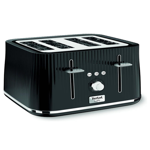 Black toaster with Tefal logo on a white background