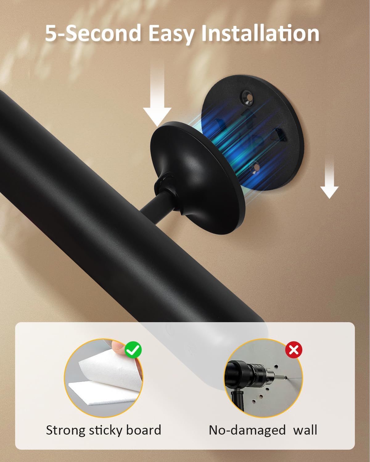 Black towel bar installation on a wall with text '5-Second Easy Installation' and icons indicating strong adhesive and no-damaged wall.