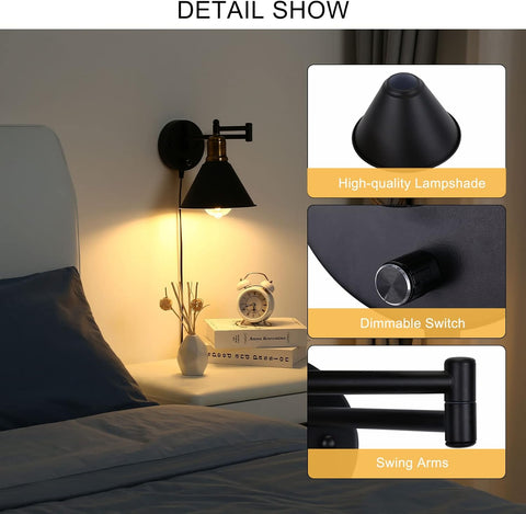 Black wall-mounted lamp on a nightstand with close-up details of lampshade, dimmable switch, and swing arms.