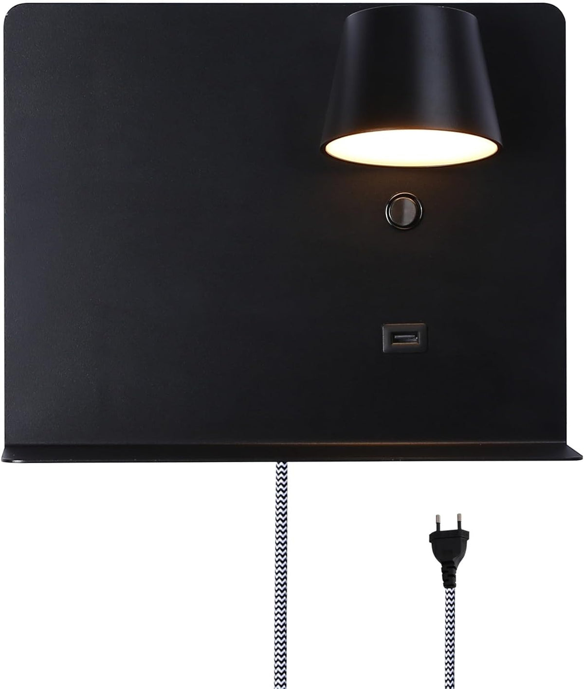 Black wall-mounted lamp with USB port and cable on a white background