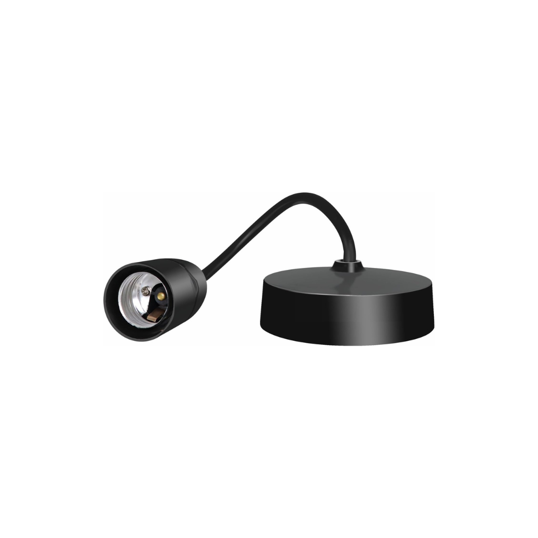 Black wall-mounted lamp with flexible arm on a white background