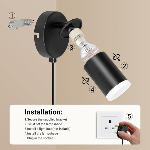 Black wall-mounted lamp with installation steps on a beige background