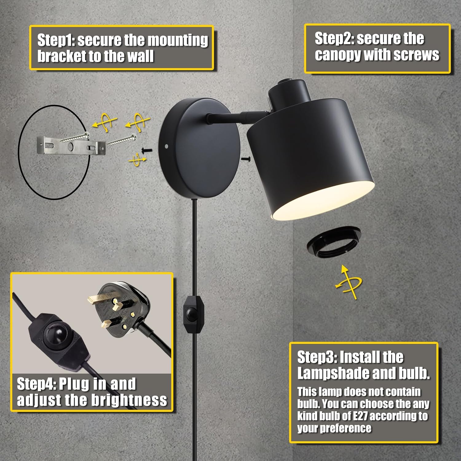 Black wall-mounted lamp with installation steps on a gray background