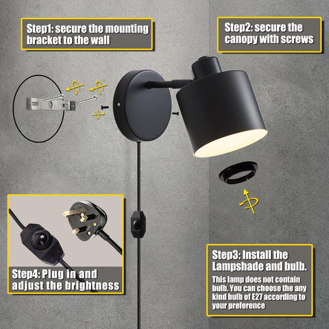 Black wall-mounted lamp with installation steps on a gray background