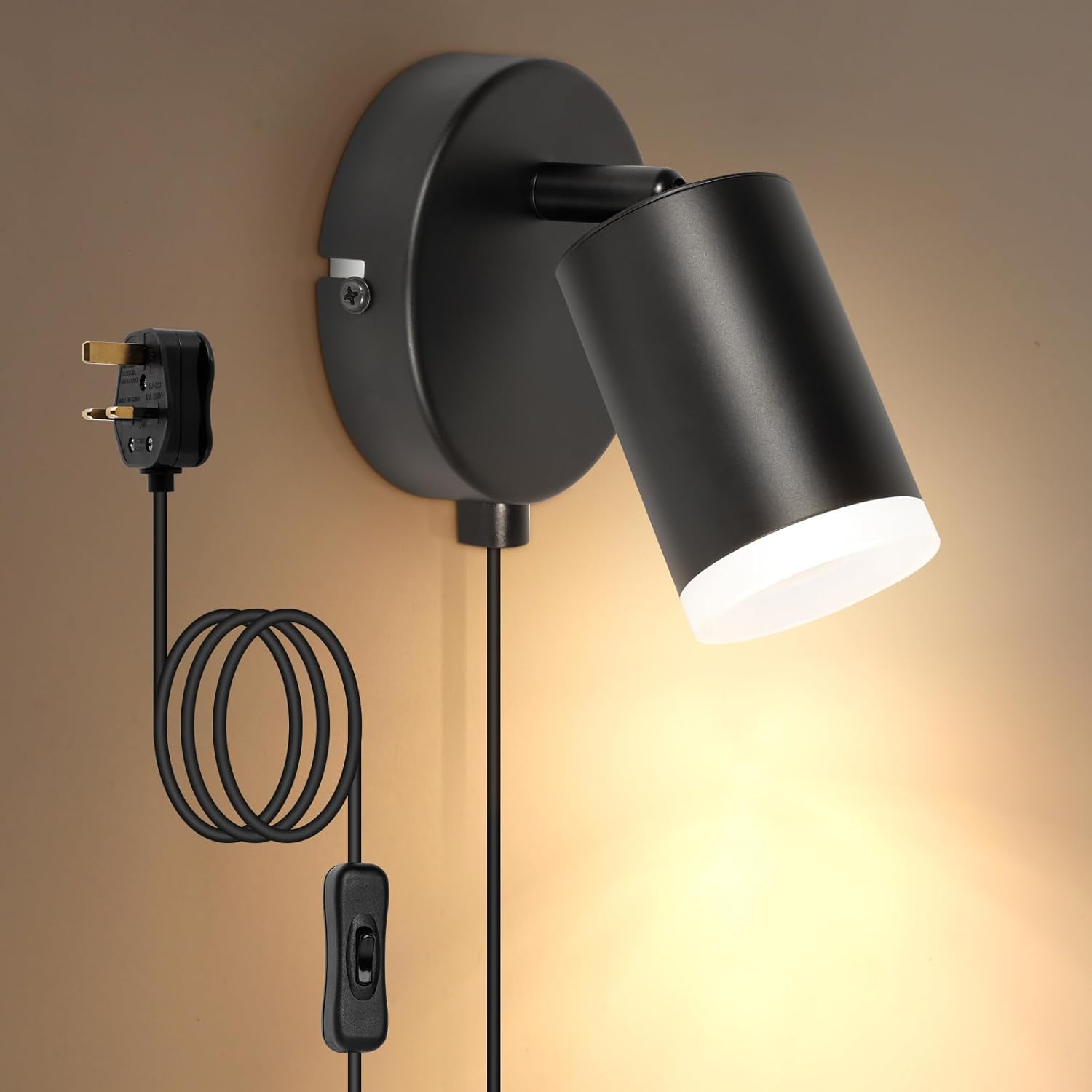 Black wall-mounted lamp with plug and socket on a neutral background