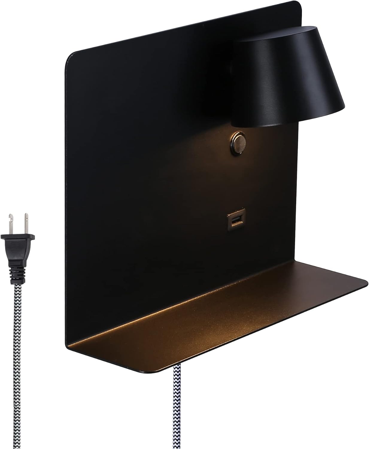 Black wall-mounted lamp with shelf and power cord on a white background