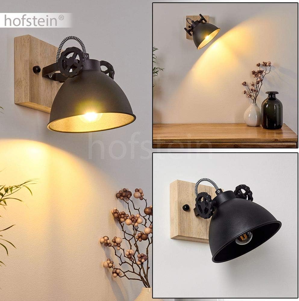 Black wall-mounted lamp with wooden base on a light gray background, featuring the brand 'hofstein'.