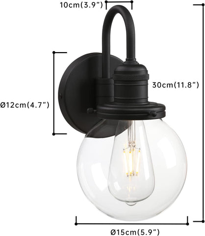 Black wall-mounted light fixture with clear bulb, showing dimensions on a white background