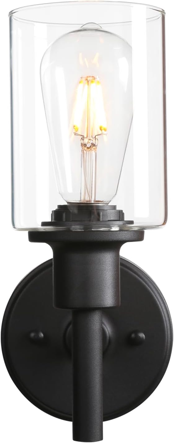 Black wall-mounted light fixture with clear glass shade on a white background