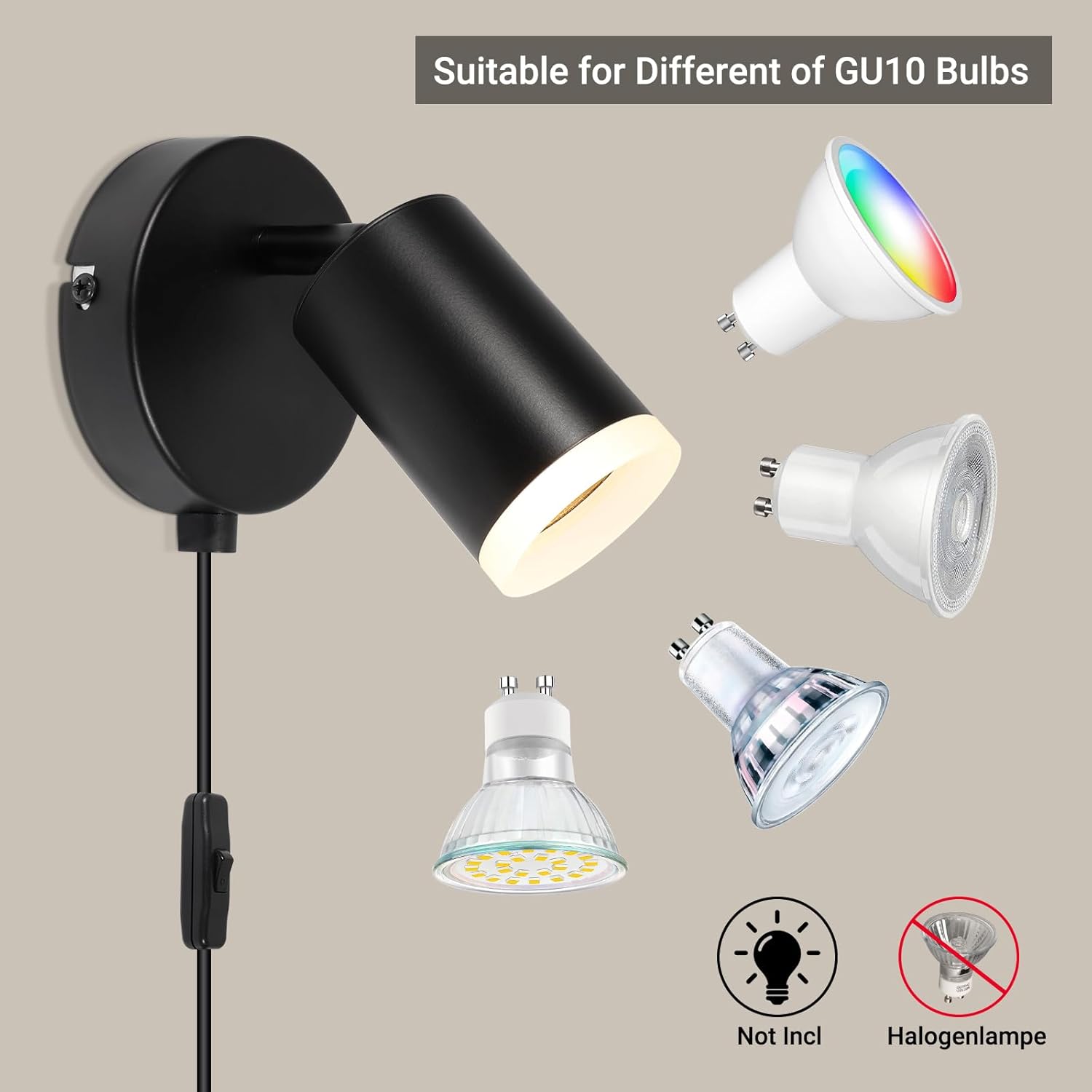 Black wall-mounted light fixture with compatibility for different GU10 bulbs on a beige background.